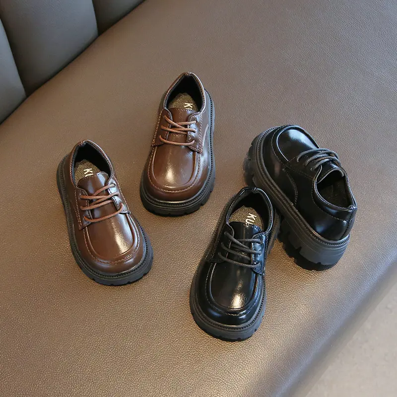 Boys Casual Shoes for Wedding Party Black Leather Shoes Fashion Classic Laces Thick Bottom Girls Loafers Kids School Shoes Soft