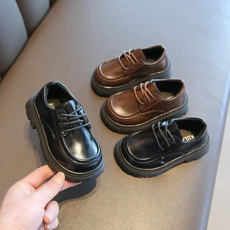 Boys Casual Shoes for Wedding Party Black Leather Shoes Fashion Classic Laces Thick Bottom Girls Loafers Kids School Shoes Soft