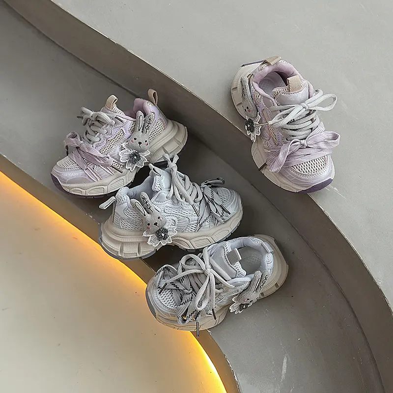 Cute Fashion Girls Sports Shoes Mesh Breathable Children School Chunky Sneakers Running Versatile Kids Causal Basketball Shoes
