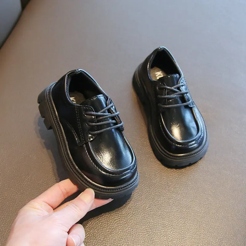 Boys Casual Shoes for Wedding Party Black Leather Shoes Fashion Classic Laces Thick Bottom Girls Loafers Kids School Shoes Soft