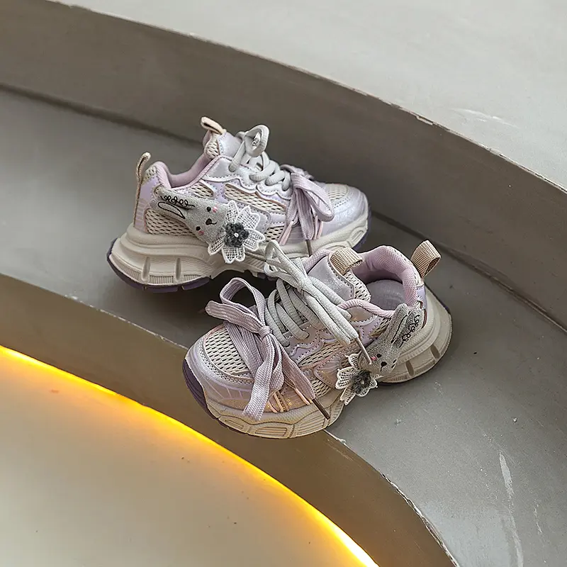 Cute Fashion Girls Sports Shoes Mesh Breathable Children School Chunky Sneakers Running Versatile Kids Causal Basketball Shoes