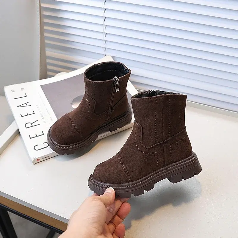 Spring Autumn Children's Leather Boots Solid Color Patchwork Girls Causal Ankle Boots Fashion Retro Versatile Kids Short Boots