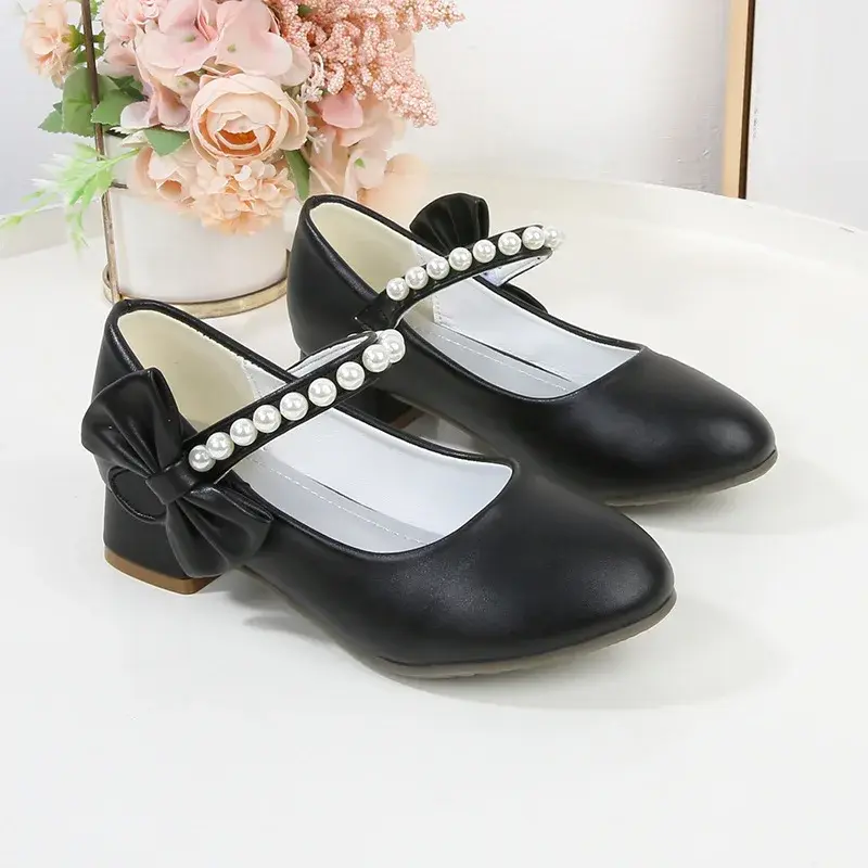 Children's Leather Shoes Elegant Girl Princess Shoes with Bowknot Fashion Chic Versatile Kids Party High-heels Shoes Black White
