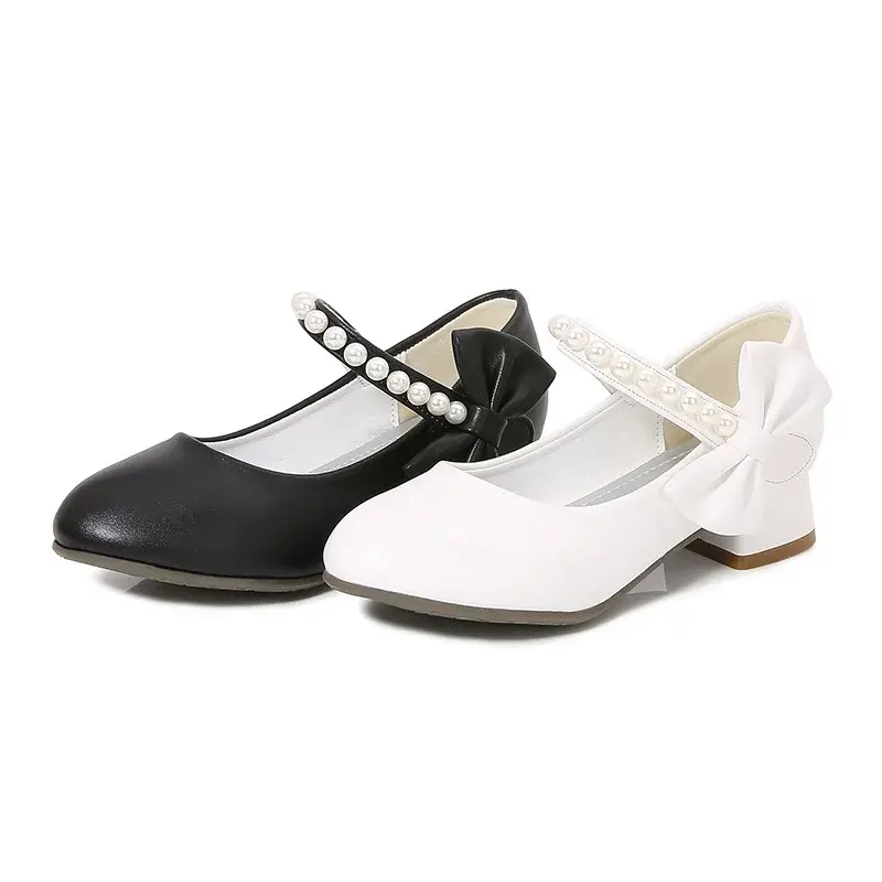 Children's Leather Shoes Elegant Girl Princess Shoes with Bowknot Fashion Chic Versatile Kids Party High-heels Shoes Black White