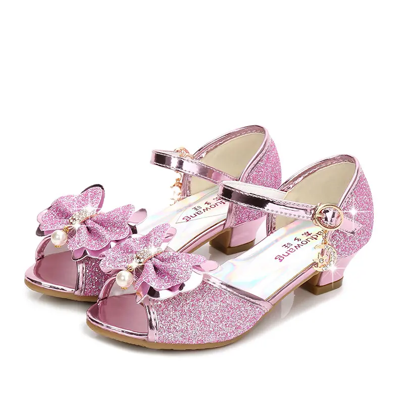 Butterfly-knot Crystal Pearls Sequins Girls Kids Shiny Shoes Medium Big Children's Princess High Heels Sandals For Wedding Party