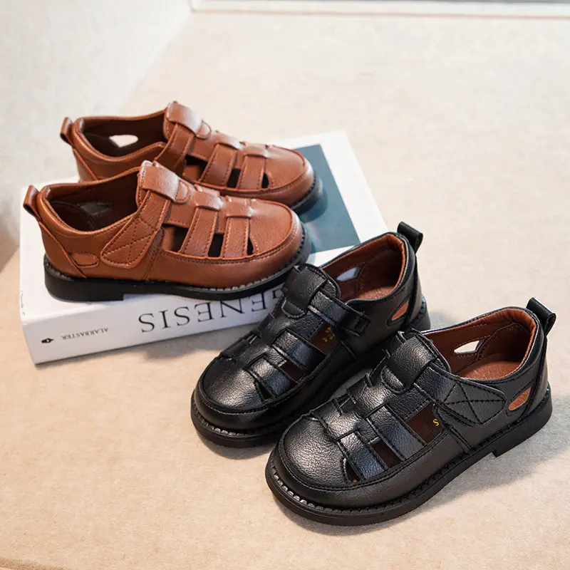 Summer New Non-slip Black Round-toe French Style Children's Fashion Sandals Casual Breathable Hollow Soft Bottom Kids Cute Shoes