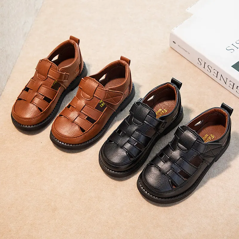Summer New Non-slip Black Round-toe French Style Children's Fashion Sandals Casual Breathable Hollow Soft Bottom Kids Cute Shoes