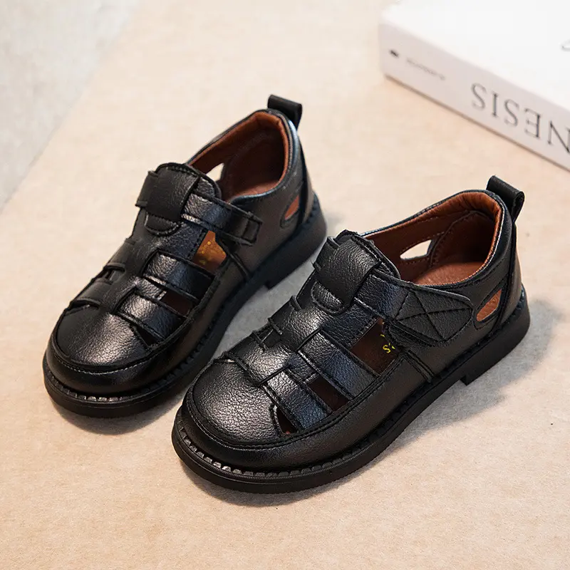 Summer New Non-slip Black Round-toe French Style Children's Fashion Sandals Casual Breathable Hollow Soft Bottom Kids Cute Shoes