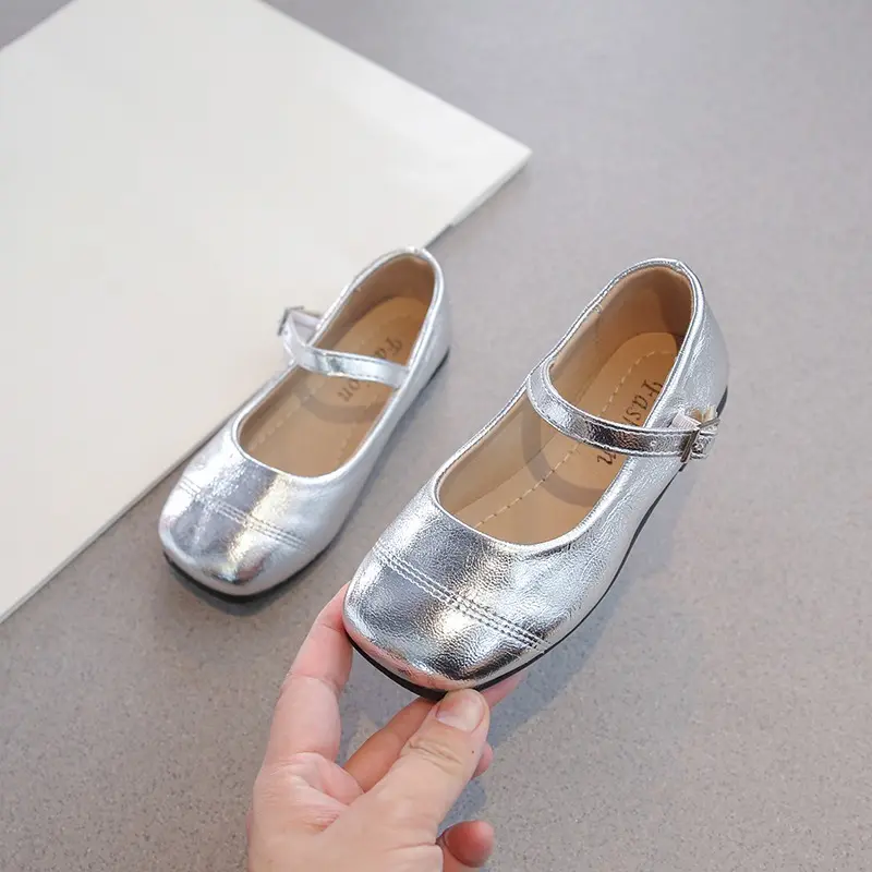 Girls Soft Flats Silver Black Color Narrow Kids Mary Janes Square Toes Comfortable Children School Party Wedding Shoes 26-37 New