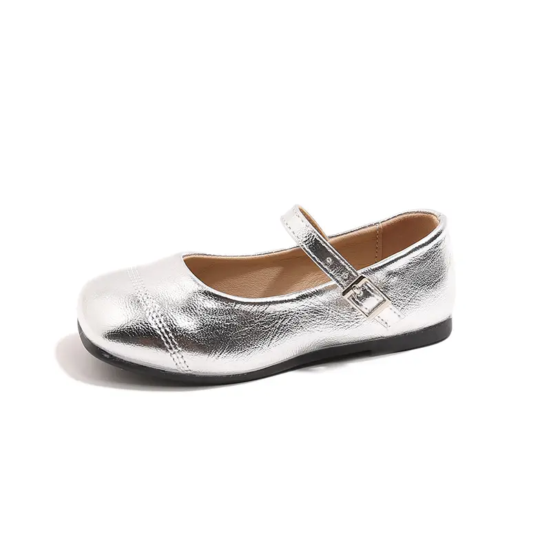Girls Soft Flats Silver Black Color Narrow Kids Mary Janes Square Toes Comfortable Children School Party Wedding Shoes 26-37 New