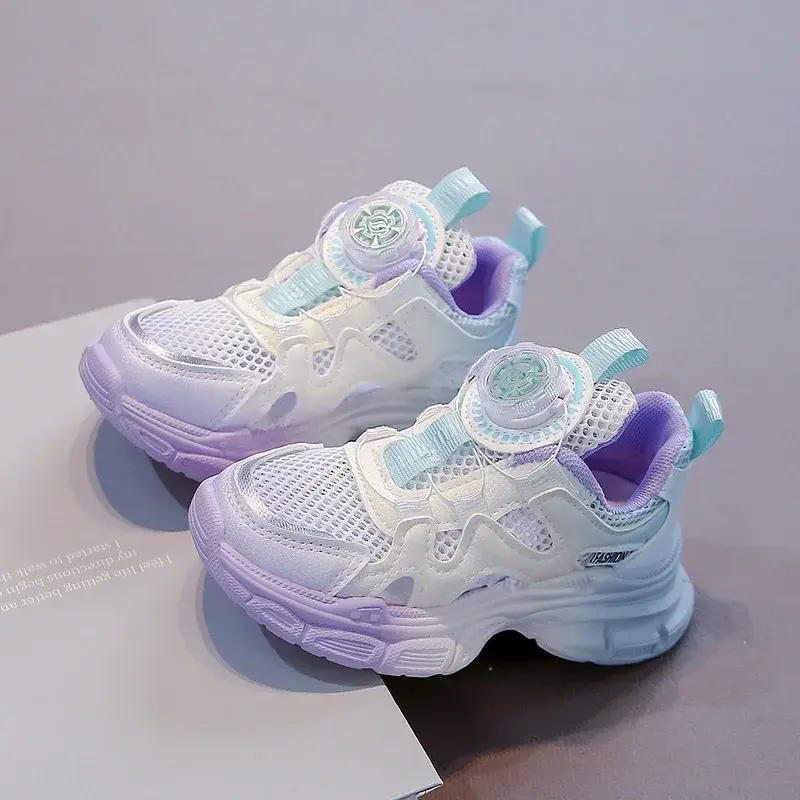 Girls Sports Shoes Mesh Breathable Hollowed-out Kids Running Sandals Rotating Button 2025 Summer New Children Sneakers Comfort