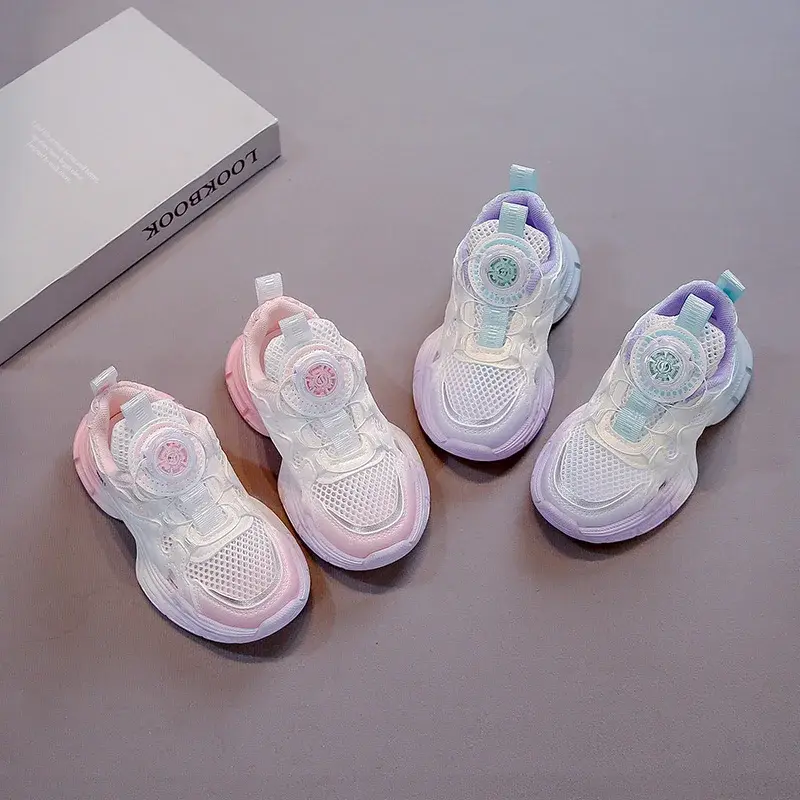 Girls Sports Shoes Mesh Breathable Hollowed-out Kids Running Sandals Rotating Button 2025 Summer New Children Sneakers Comfort