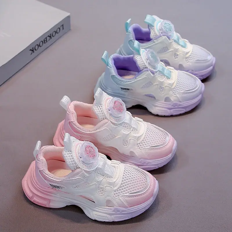 Girls Sports Shoes Mesh Breathable Hollowed-out Kids Running Sandals Rotating Button 2025 Summer New Children Sneakers Comfort