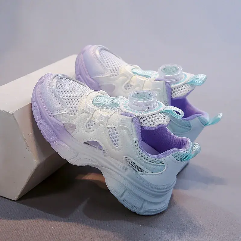 Girls Sports Shoes Mesh Breathable Hollowed-out Kids Running Sandals Rotating Button 2025 Summer New Children Sneakers Comfort