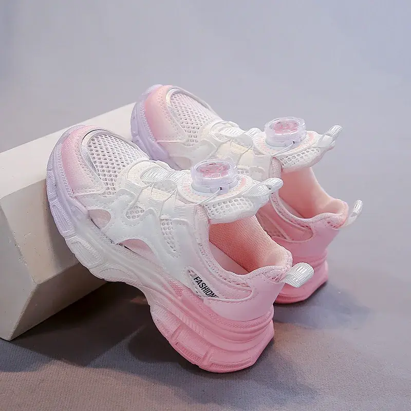 Girls Sports Shoes Mesh Breathable Hollowed-out Kids Running Sandals Rotating Button 2025 Summer New Children Sneakers Comfort