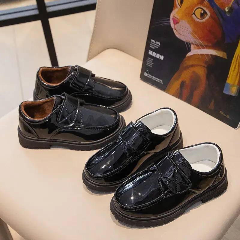 Children Fashion Leather Shoes Boys 2023 Hook & Loop Glossy Simple Black Uniform School Shoes Loafers Kids Shoes Free Shipping