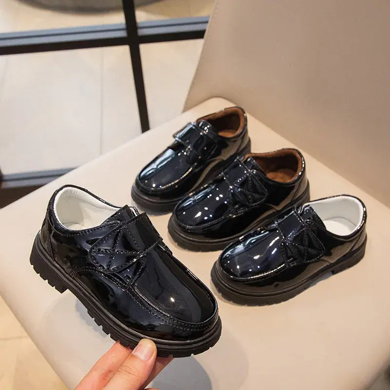 Children Fashion Leather Shoes Boys 2023 Hook & Loop Glossy Simple Black Uniform School Shoes Loafers Kids Shoes Free Shipping