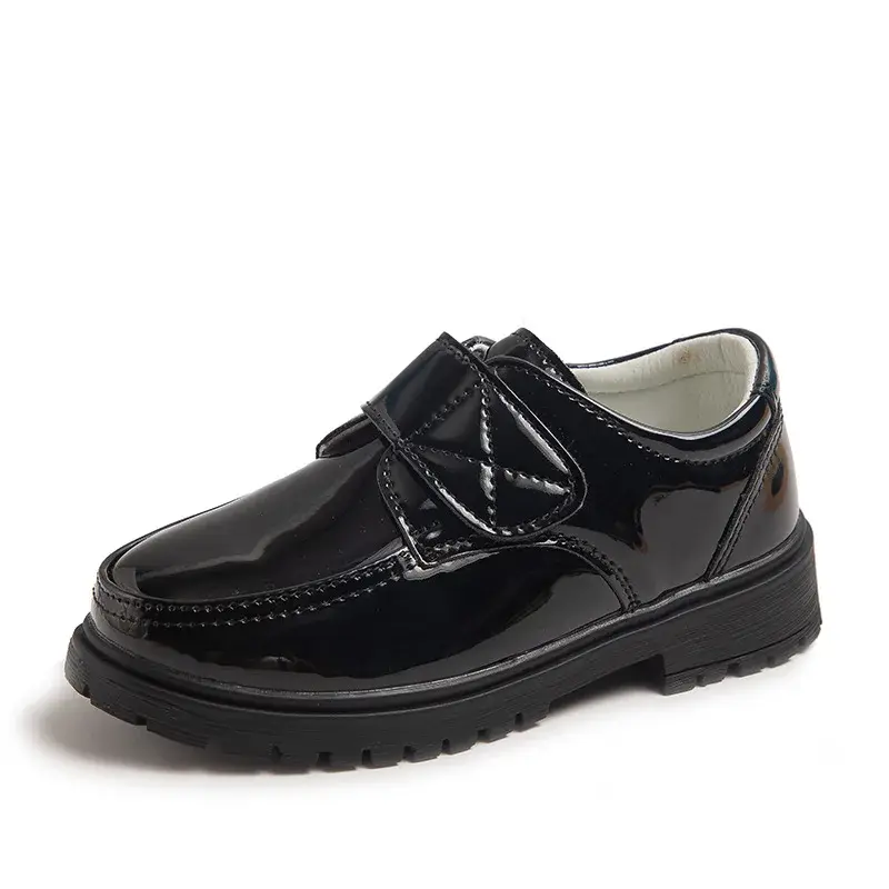 Children Fashion Leather Shoes Boys 2023 Hook & Loop Glossy Simple Black Uniform School Shoes Loafers Kids Shoes Free Shipping