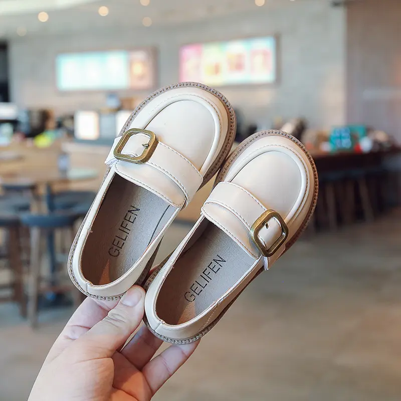 2023 Children Fashion Black Britain Style Girls Shallow Loafers Buckle Classic Round-toe Kids Shoes Dropshipping Simple Non-slip