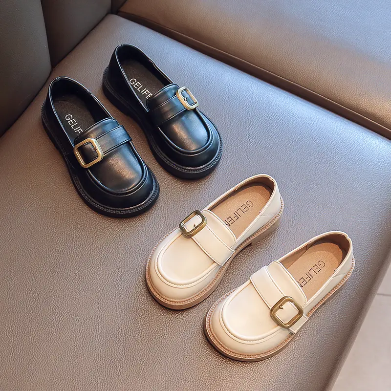 2023 Children Fashion Black Britain Style Girls Shallow Loafers Buckle Classic Round-toe Kids Shoes Dropshipping Simple Non-slip