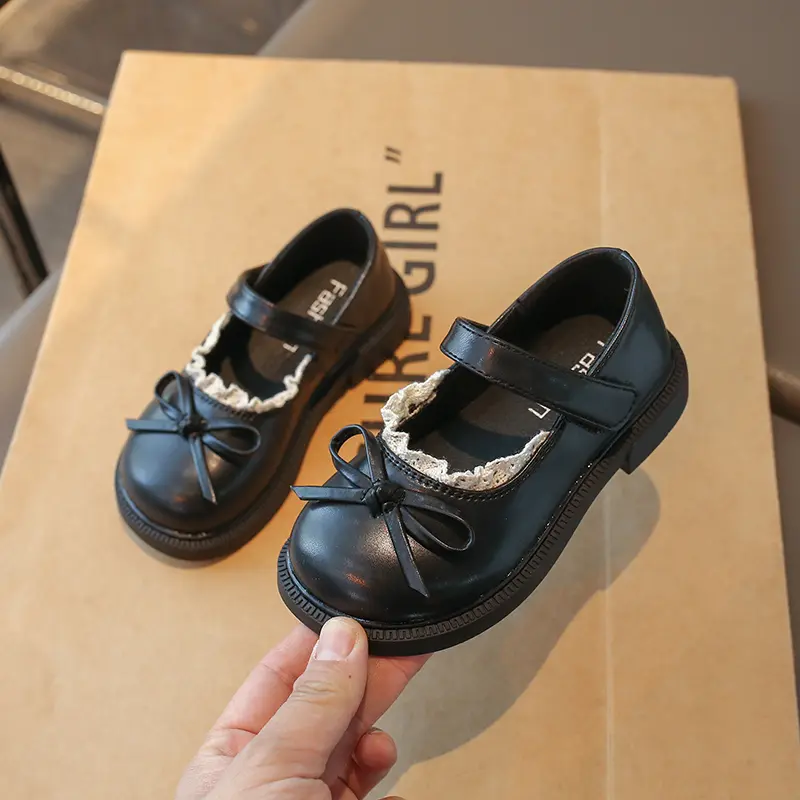 Girls Princess Leather Shoes with Bow-knot Sweet Children Lace Flats Mary Jane Shoes Fashion Kids Performance Shoes Size 23-36
