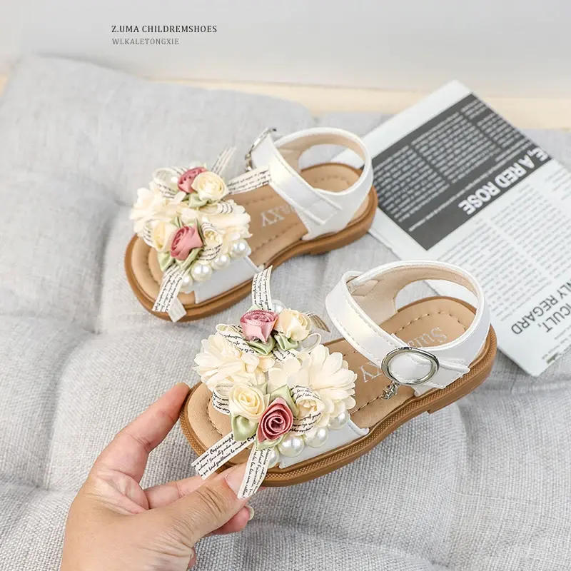 Summer Girls Sweet Princess Sandals Elegant Flower Children Chic Dress Flat Sandals Wedding Party Fashion Kids Causal Sandals