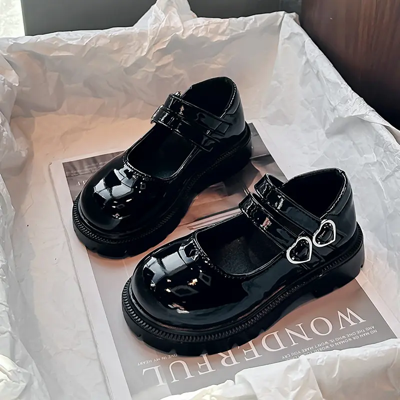 Spring Children's Leather Shoes Fashion Glossy PU Girls Black Shoes School Stage Versatile Kids Princess Causal Mary Jane Shoes