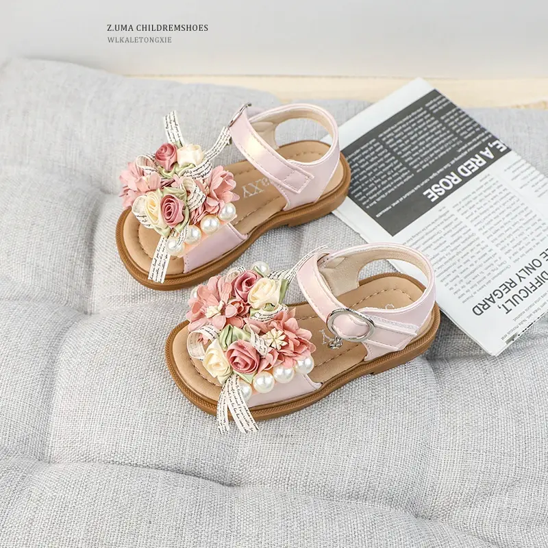 Summer Girls Sweet Princess Sandals Elegant Flower Children Chic Dress Flat Sandals Wedding Party Fashion Kids Causal Sandals