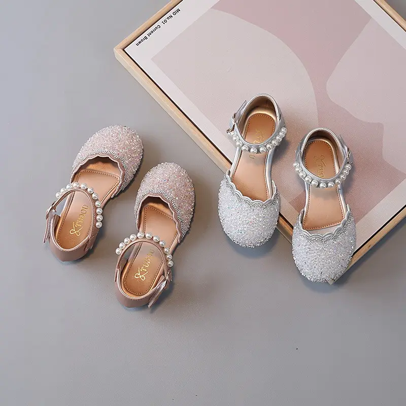 Girls Half Sandals for Wedding Party Kids Crystal Leather Shoes 2024 Spring Summer Children Summer Shoes with Pearls Princess