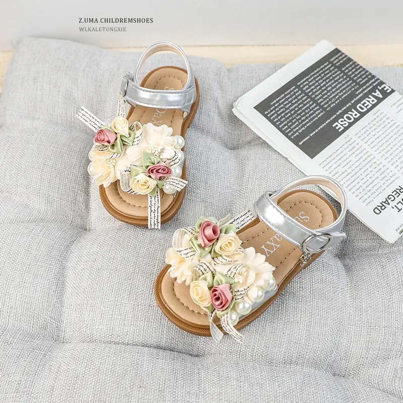Summer Girls Sweet Princess Sandals Elegant Flower Children Chic Dress Flat Sandals Wedding Party Fashion Kids Causal Sandals