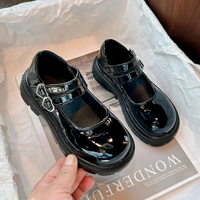Spring Children's Leather Shoes Fashion Glossy PU Girls Black Shoes School Stage Versatile Kids Princess Causal Mary Jane Shoes