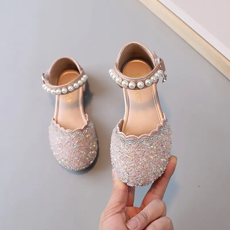Girls Half Sandals for Wedding Party Kids Crystal Leather Shoes 2024 Spring Summer Children Summer Shoes with Pearls Princess