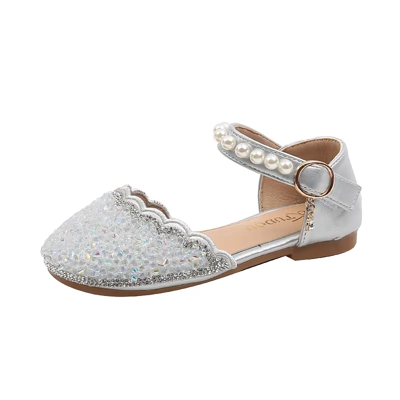 Girls Half Sandals for Wedding Party Kids Crystal Leather Shoes 2024 Spring Summer Children Summer Shoes with Pearls Princess