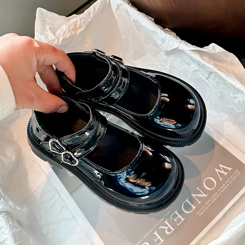 Spring Children's Leather Shoes Fashion Glossy PU Girls Black Shoes School Stage Versatile Kids Princess Causal Mary Jane Shoes