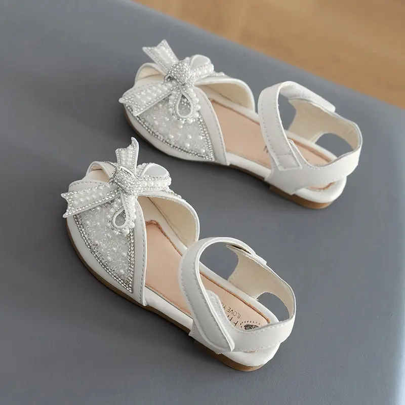 Girl Sandals Summer Sweet Pearl Bowtie Kids Princess Wedding Dress Shoes Fashion Elegant Children Causal Flat Sandals Hook Loop