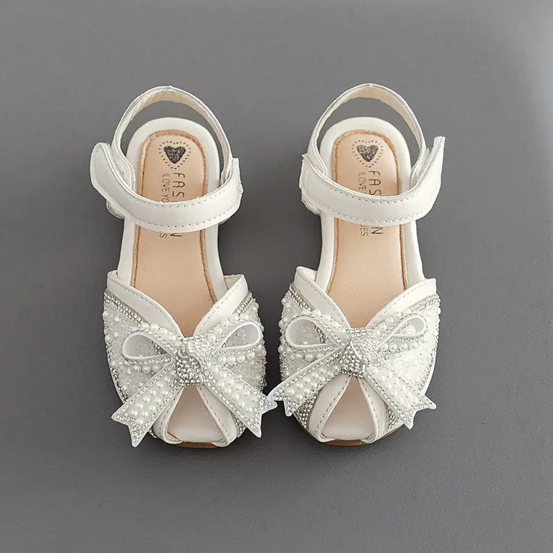 Girl Sandals Summer Sweet Pearl Bowtie Kids Princess Wedding Dress Shoes Fashion Elegant Children Causal Flat Sandals Hook Loop