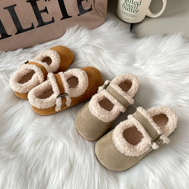 2024 Children Plush Leather Shoes for Girls Winter New Fashion Korean Style Soft Bottom Anti-slippery Versatile Chic Casual Shoe