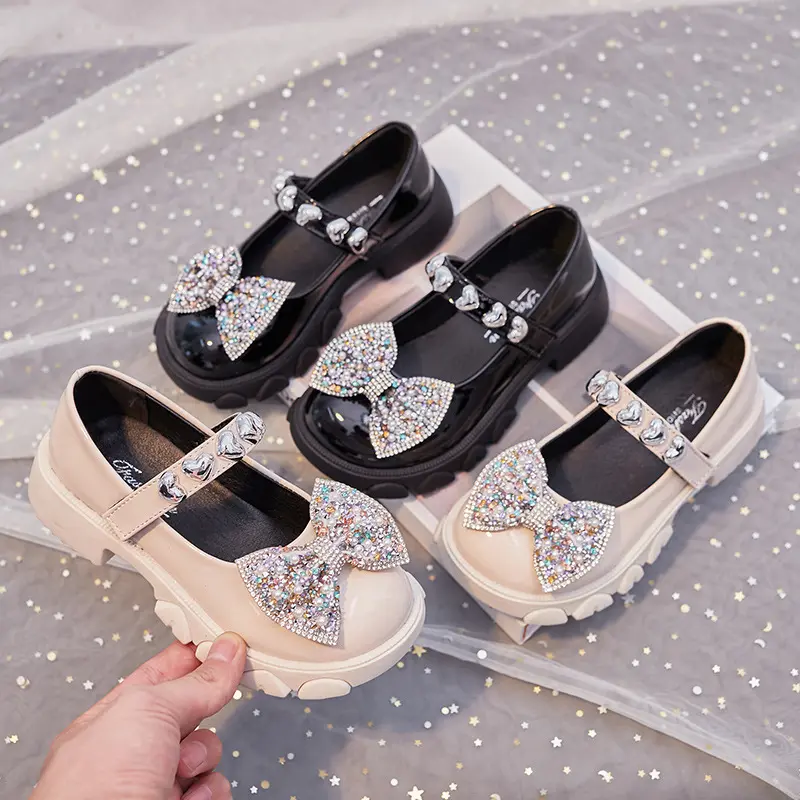 2023 Spring & Autumn New Girls' Rhinestone Soft-soled Leather Shoes Round-toe Versatile Shallow Mary Jane Casual Kids Fashion PU
