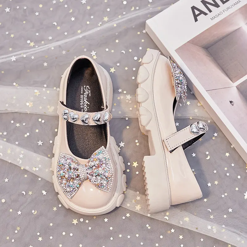 2023 Spring & Autumn New Girls' Rhinestone Soft-soled Leather Shoes Round-toe Versatile Shallow Mary Jane Casual Kids Fashion PU
