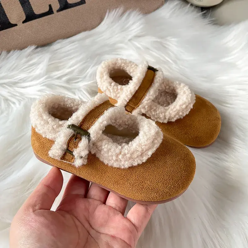 2024 Children Plush Leather Shoes for Girls Winter New Fashion Korean Style Soft Bottom Anti-slippery Versatile Chic Casual Shoe
