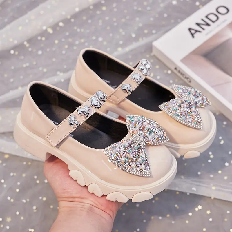 2023 Spring & Autumn New Girls' Rhinestone Soft-soled Leather Shoes Round-toe Versatile Shallow Mary Jane Casual Kids Fashion PU