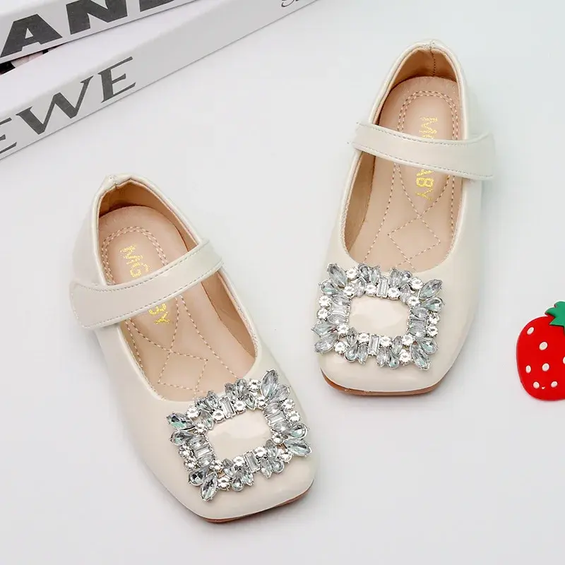 Girls Leather Shoes Korean Style Rhinestones Princess Mary Jane Kids Fashion Flats Hook & Loop Simple Girls Spring Flats Elegant