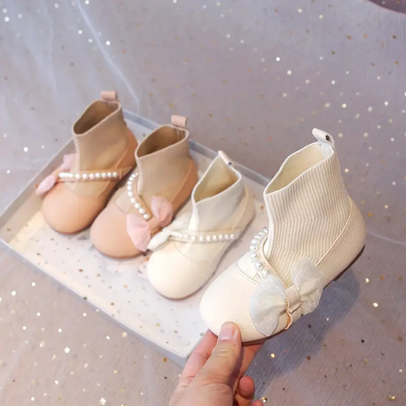 Girls Princess Boots 2024 Autumn Winter Brand New PU Leather Lace Bow-knot Sweet Soft Kids Ankle Boots Socks Style Slip-on Soft