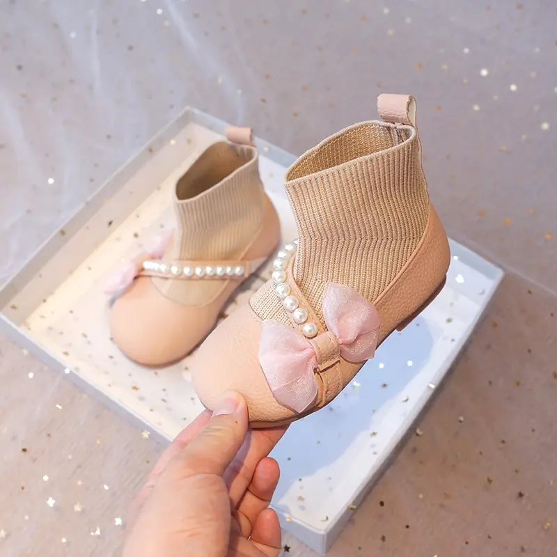Girls Princess Boots 2024 Autumn Winter Brand New PU Leather Lace Bow-knot Sweet Soft Kids Ankle Boots Socks Style Slip-on Soft