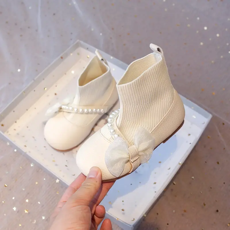 Girls Princess Boots 2024 Autumn Winter Brand New PU Leather Lace Bow-knot Sweet Soft Kids Ankle Boots Socks Style Slip-on Soft