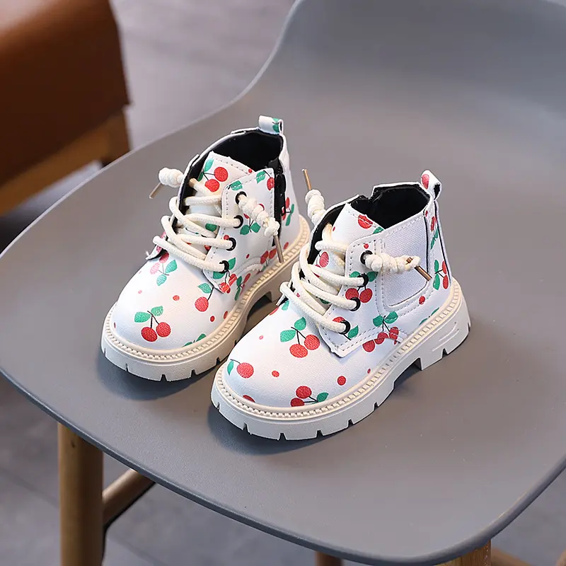 Cute Cherry Girls Fashion Boots Non-slip Versatile Children Causal Ankle Boots Thick Soled Soft Kids Leather Shoes Spring Autumn
