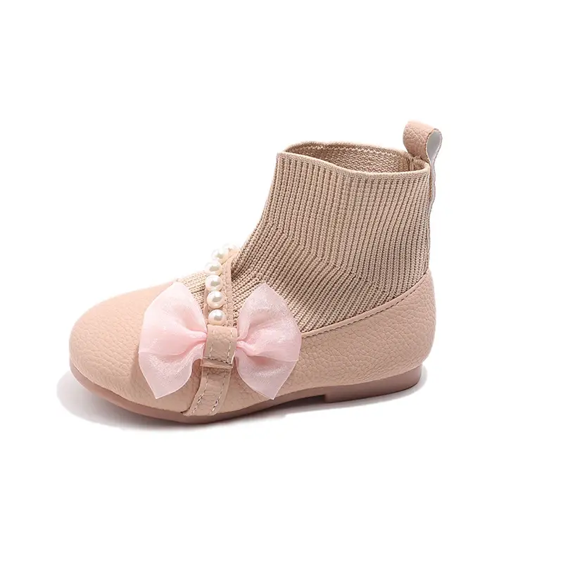 Girls Princess Boots 2024 Autumn Winter Brand New PU Leather Lace Bow-knot Sweet Soft Kids Ankle Boots Socks Style Slip-on Soft