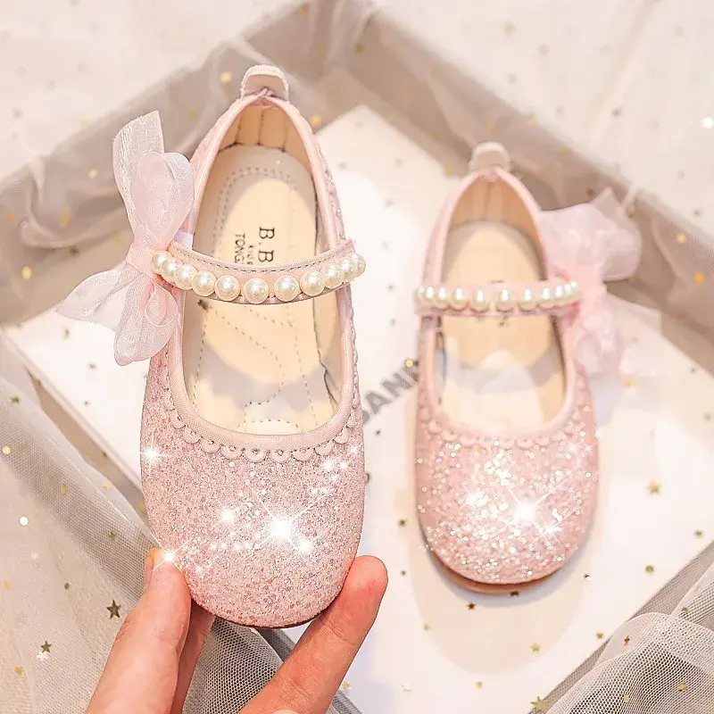 Chic Girls Princess Leather Shoes Elegant Glitter Children's Flat Fashion Sweet Bowtie Kids Shiny Dress Shoes for Party Wedding