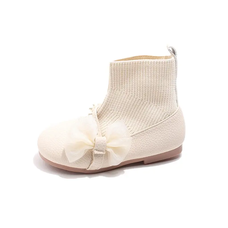 Girls Princess Boots 2024 Autumn Winter Brand New PU Leather Lace Bow-knot Sweet Soft Kids Ankle Boots Socks Style Slip-on Soft