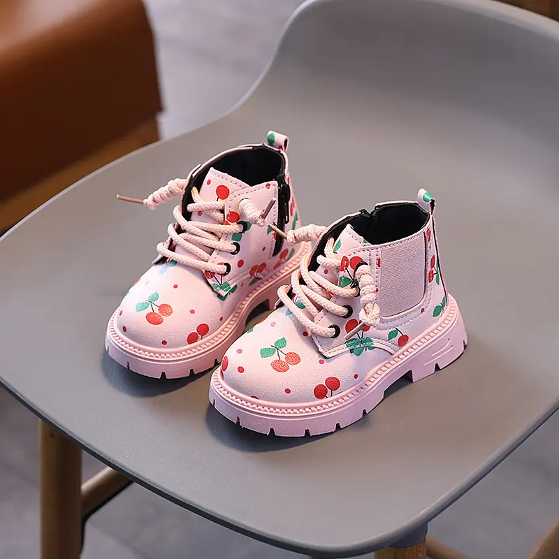 Cute Cherry Girls Fashion Boots Non-slip Versatile Children Causal Ankle Boots Thick Soled Soft Kids Leather Shoes Spring Autumn